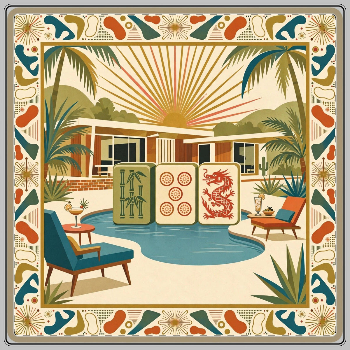 Mid Century Modern Mahjong Mat 33x33 | Palm Springs Retro Atomic Game Mat