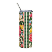 Garden Party 20oz Mahjong tumbler with pink peonies, magnolias, lemons, decorative green-sided tiles, lid and straw.