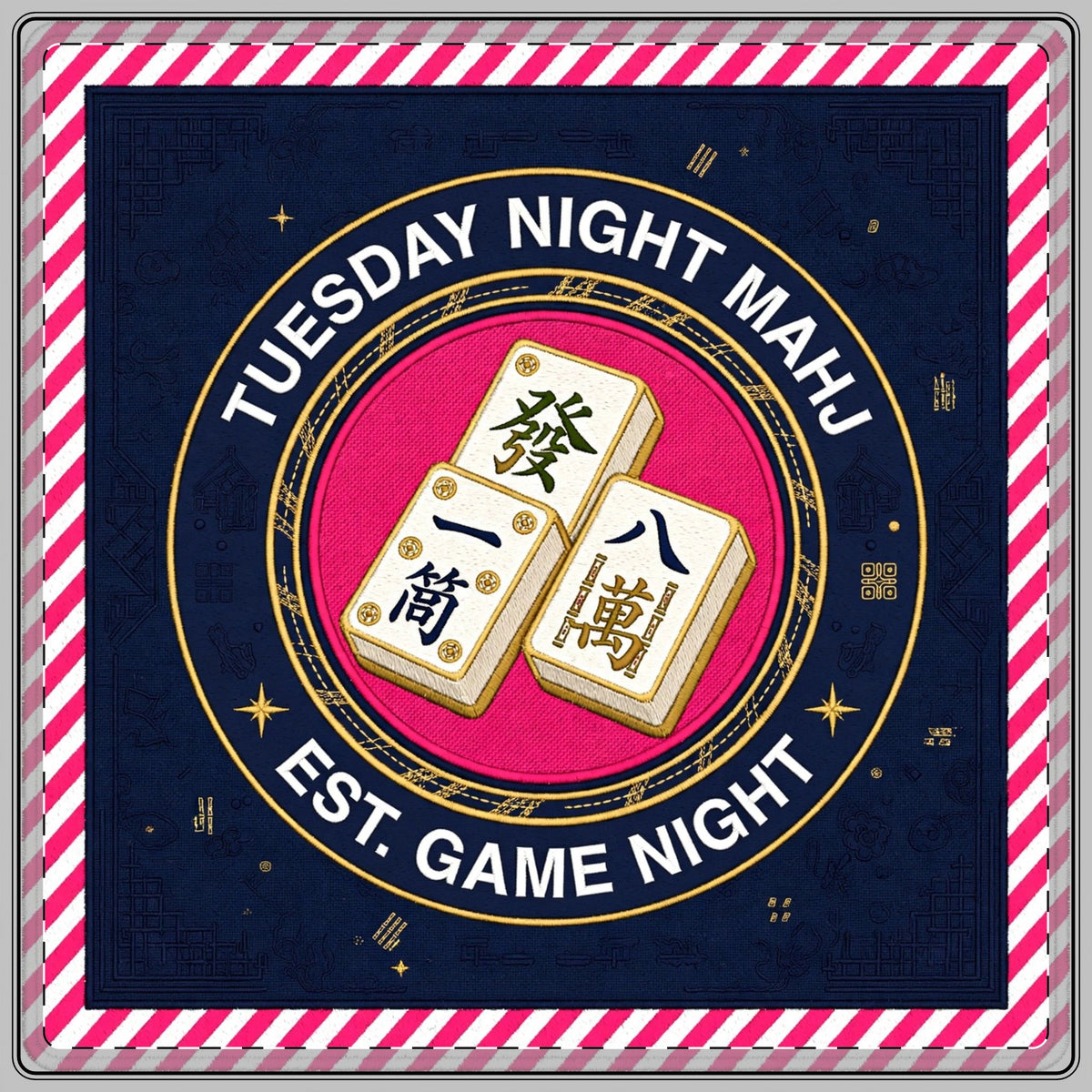 Tuesday Night Mahj Mat 33x33 | Club Night Mahjong Game Mat, Pink Stripe Game Night Gift