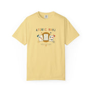 Folded white Atomic Mahj Comfort Colors shirt showing the retro Mahjong tile print.