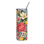 Garden Party 20oz Mahjong tumbler with pink peonies, magnolias, lemons, decorative green-sided tiles, lid and straw.