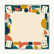 Atomic Mahj 33-inch square Mahjong mat with teal, coral and mustard geometric border and cream center.