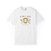 Front view of the white Atomic Mahj Mahjong shirt with teal, coral, mustard and navy retro tile graphic.