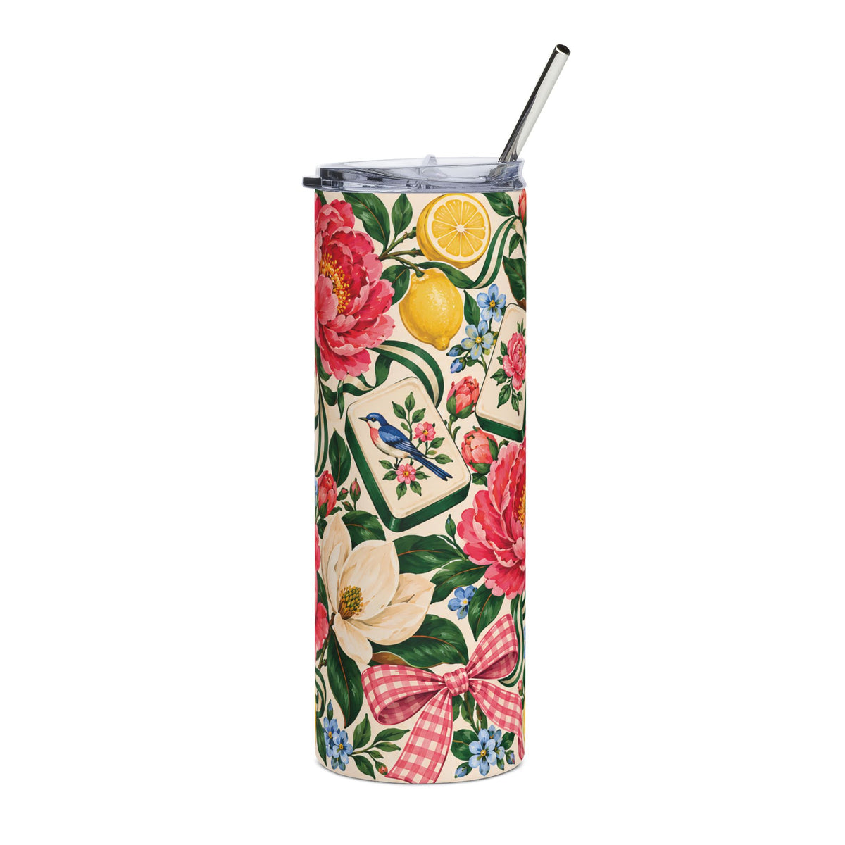 Garden Party 20oz Mahjong tumbler with pink peonies, magnolias, lemons, decorative green-sided tiles, lid and straw.