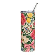 Garden Party 20oz Mahjong tumbler with pink peonies, magnolias, lemons, decorative green-sided tiles, lid and straw.