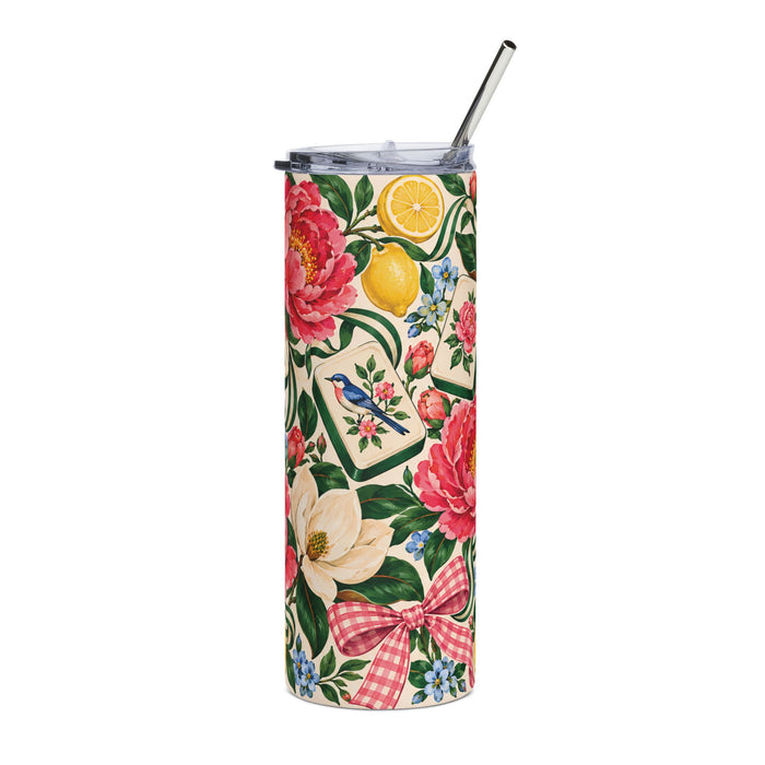 Garden Party 20oz Mahjong tumbler with pink peonies, magnolias, lemons, decorative green-sided tiles, lid and straw.