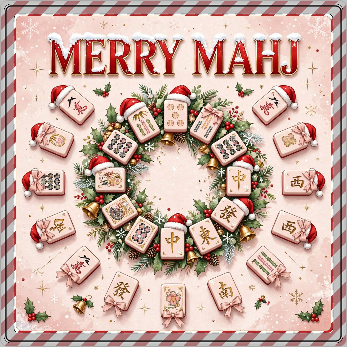 Merry Mahj Christmas Mahjong Mat 33x33 | Pink Christmas Mahjong Game Mat, Holiday Gift