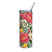 Garden Party 20oz Mahjong tumbler with pink peonies, magnolias, lemons, decorative green-sided tiles, lid and straw.