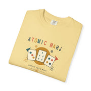 Front view of the chalky mint Atomic Mahj Mahjong shirt with a multicolor retro tile graphic.