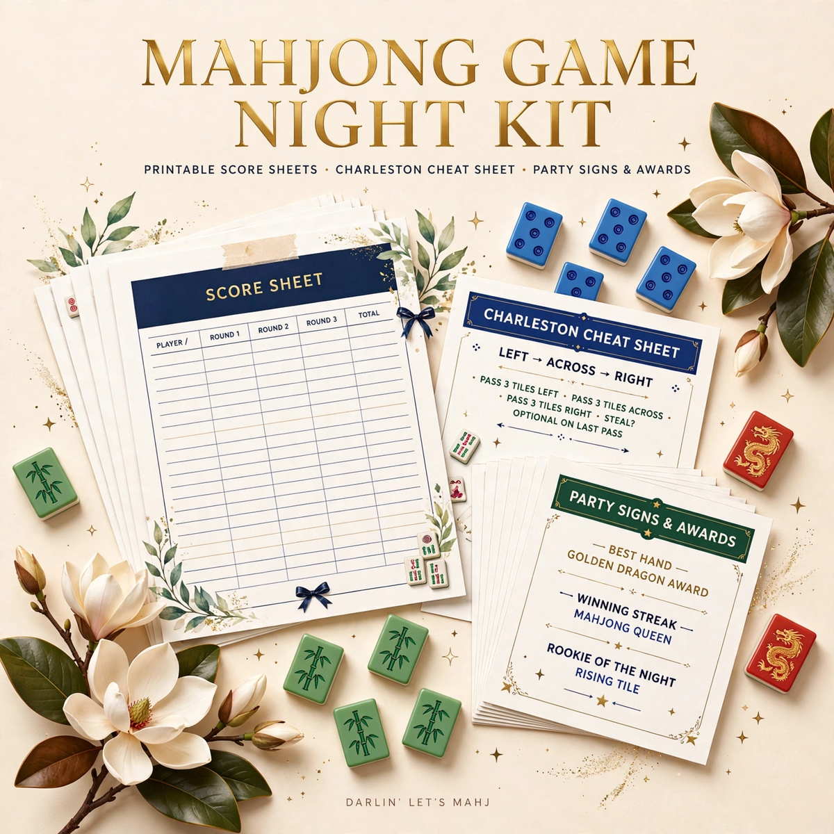 Mahjong Game Night Kit | Printable Score Sheets, Charleston Cheat Sheet, Welcome Sign, Table Numbers & Award Certificate — Instant Download