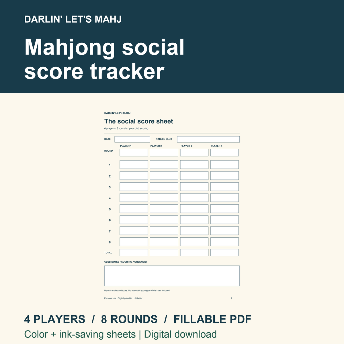 Mahjong social score tracker showing the actual four-player eight-round fillable PDF with manual totals and club notes.