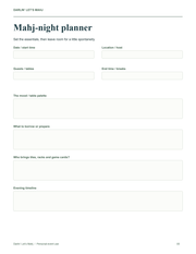 Mahj-night planner showing fillable fields for date, guests, tables, supplies and evening timeline.