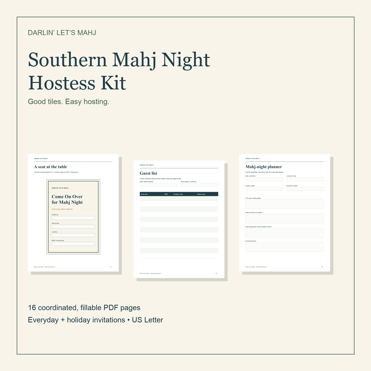 Southern Mahj Night Hostess Kit showing navy and evergreen invitation, guest list and planner pages on a cream background.