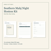 Southern Mahj Night Hostess Kit showing navy and evergreen invitation, guest list and planner pages on a cream background.